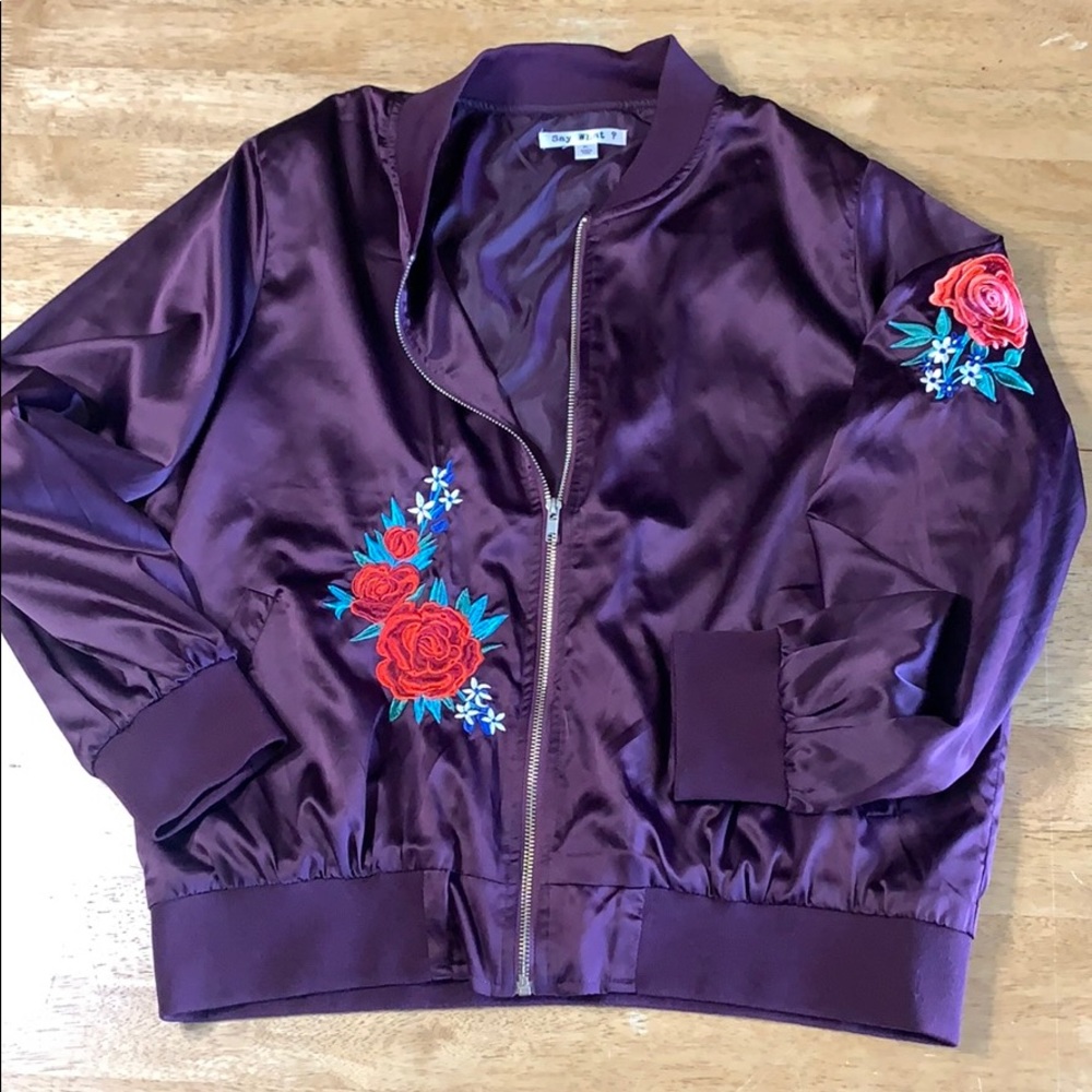 Ladies “Say What” purple satin zipper jacket